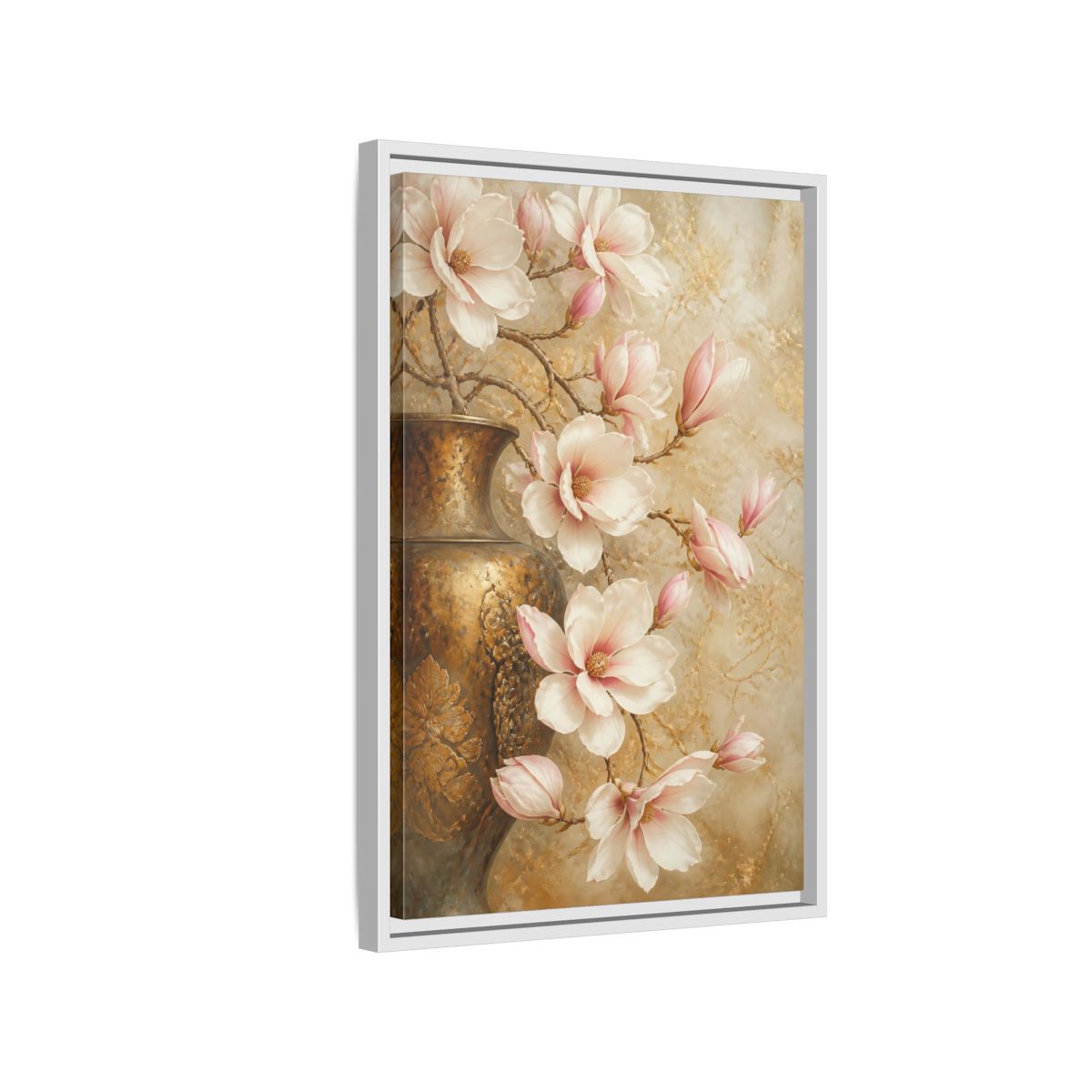 Side Mockup 1. Nature Magnolia Flowers Pink And Gold shown as stretched canvas wall art