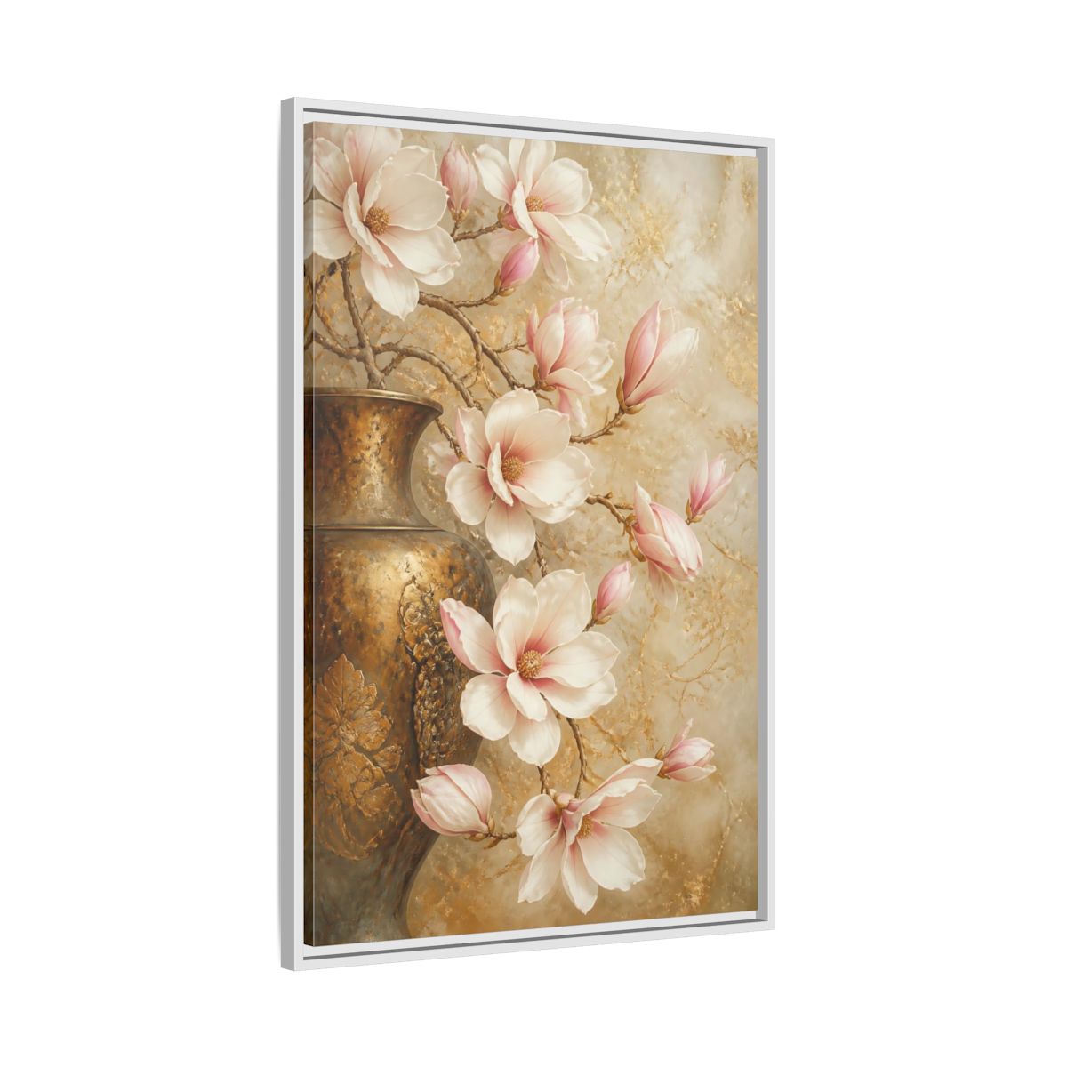 Side Mockup 9. Nature Magnolia Flowers Pink And Gold shown as stretched canvas wall art