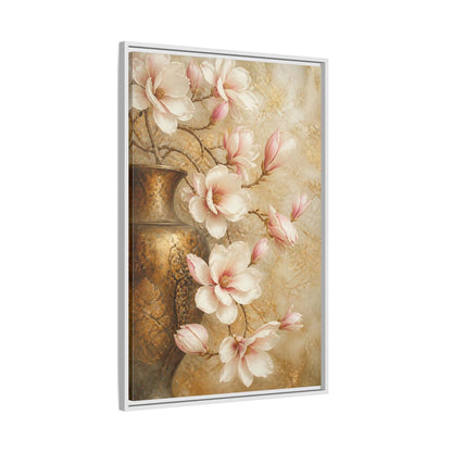 Side Mockup 9. Nature Magnolia Flowers Pink And Gold shown as stretched canvas wall art