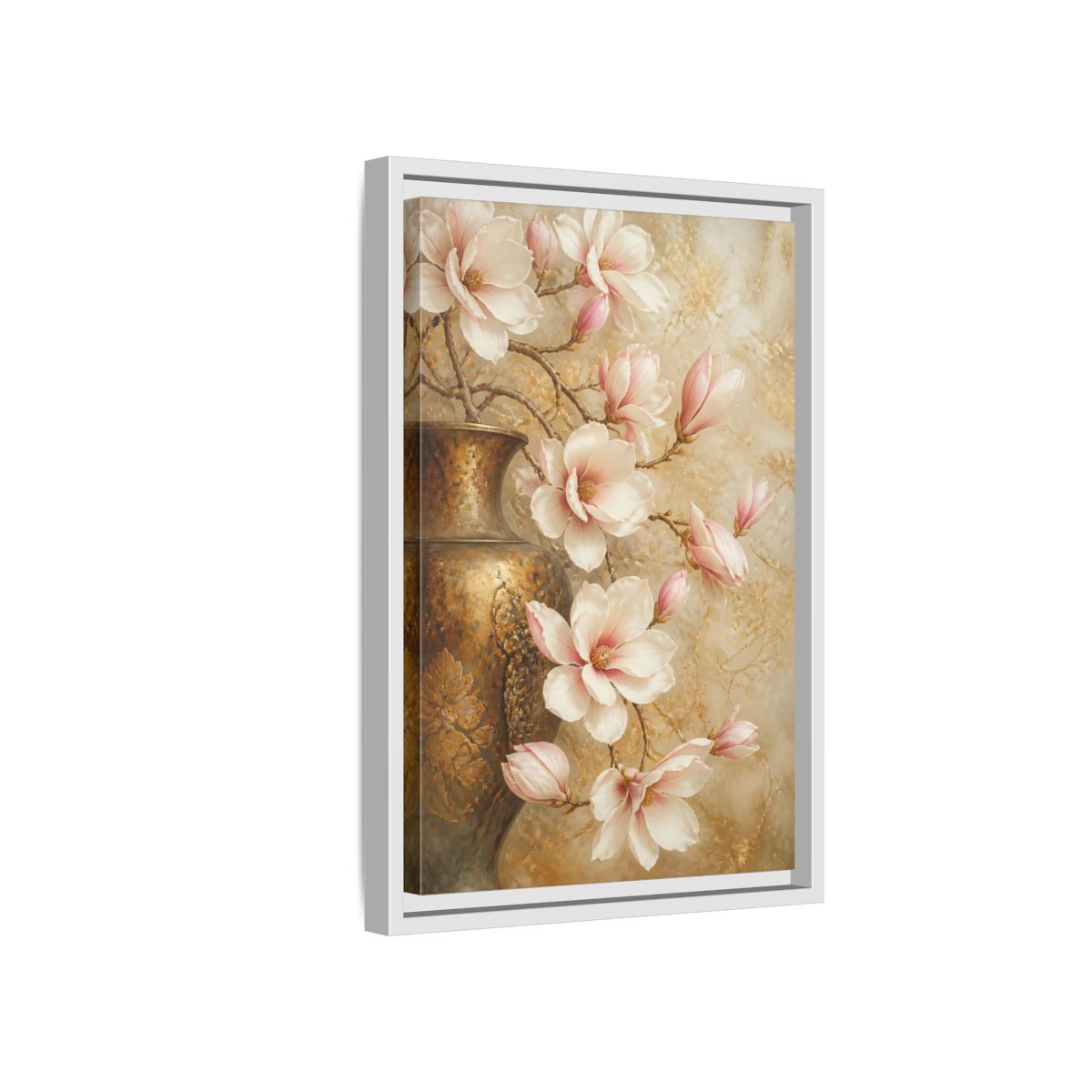 Side Mockup 4. Nature Magnolia Flowers Pink And Gold shown as stretched canvas wall art