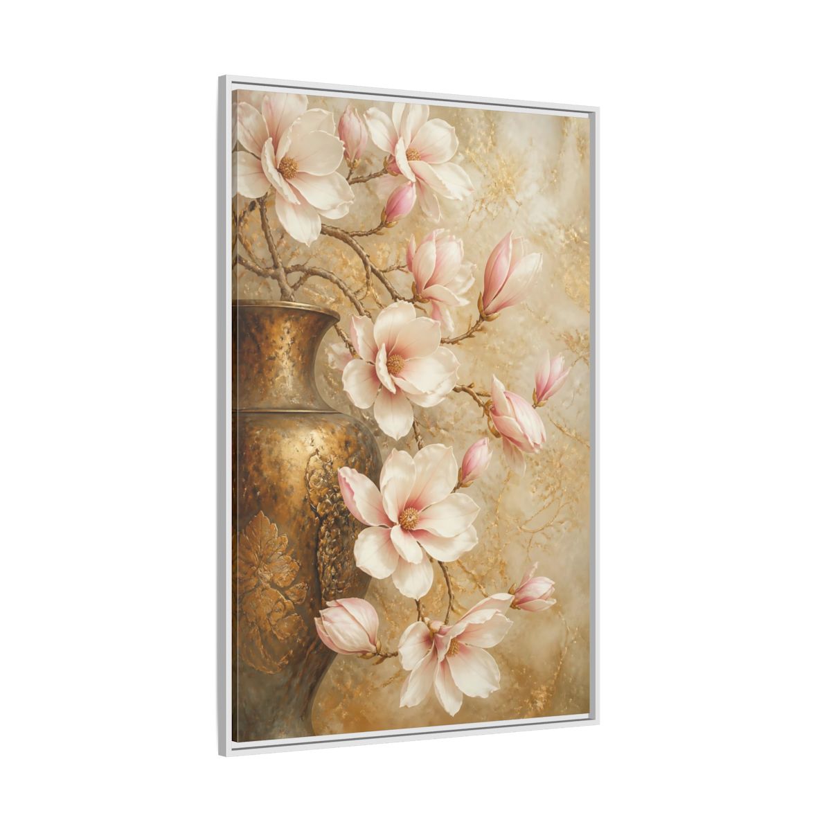 Side Mockup 7. Nature Magnolia Flowers Pink And Gold shown as stretched canvas wall art