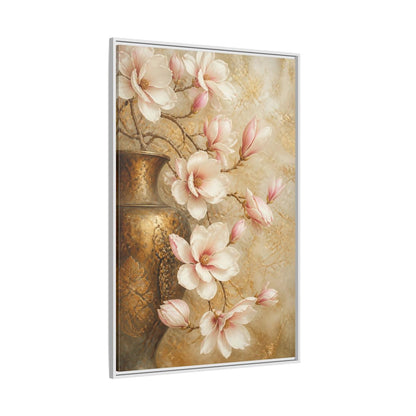 Side Mockup 7. Nature Magnolia Flowers Pink And Gold shown as stretched canvas wall art