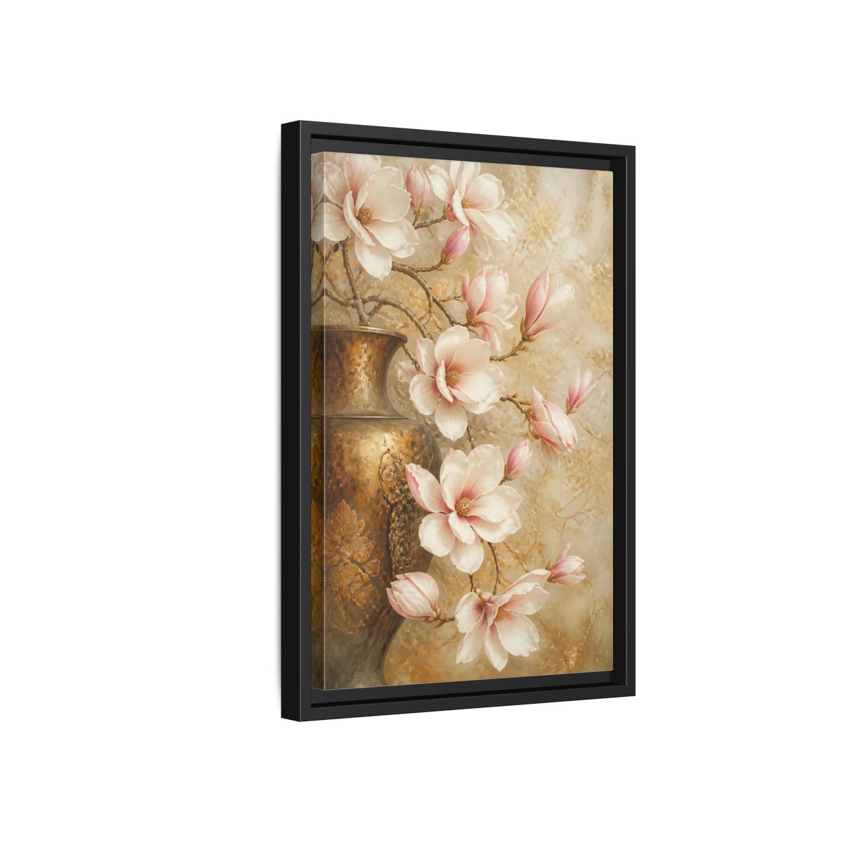 Side Mockup 6. Nature Magnolia Flowers Pink And Gold shown as stretched canvas wall art