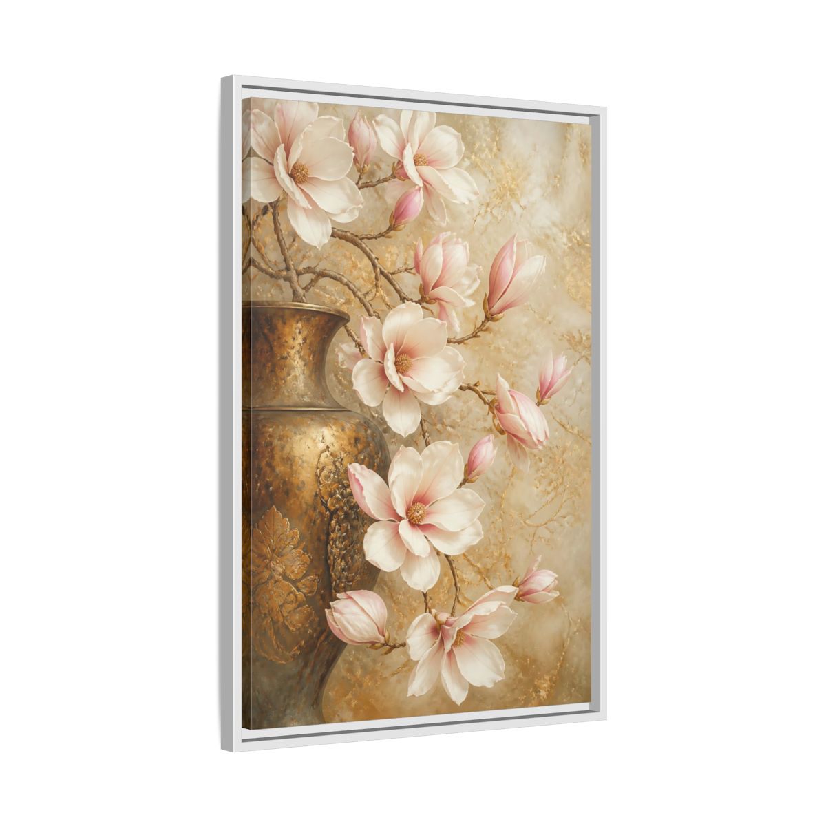 Side Mockup 10. Nature Magnolia Flowers Pink And Gold shown as stretched canvas wall art