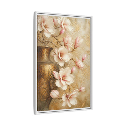 Side Mockup 10. Nature Magnolia Flowers Pink And Gold shown as stretched canvas wall art