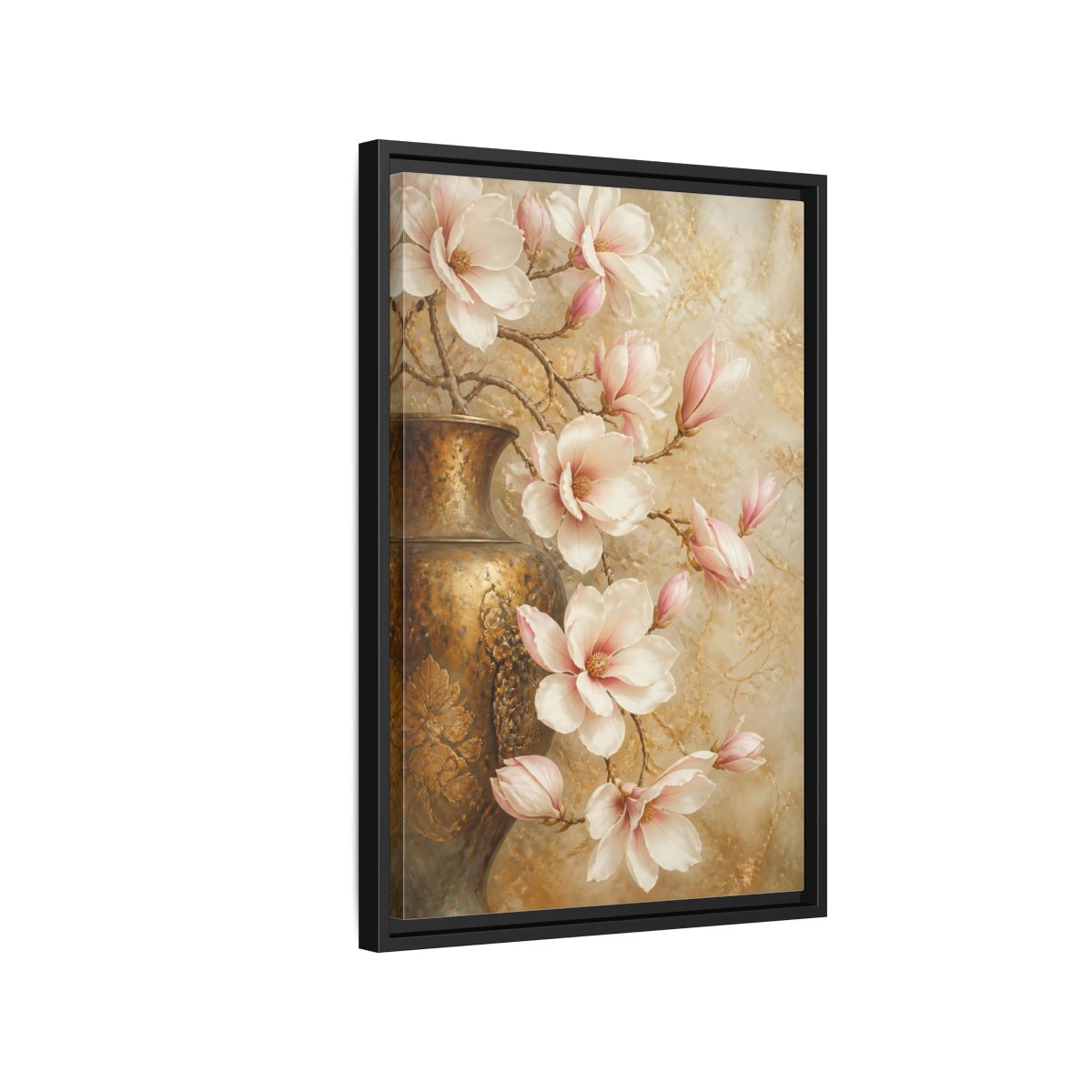 Side Mockup 3. Nature Magnolia Flowers Pink And Gold shown as stretched canvas wall art