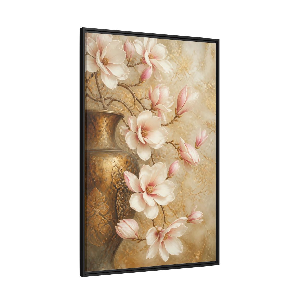 Side Mockup 12. Nature Magnolia Flowers Pink And Gold shown as stretched canvas wall art
