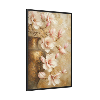 Side Mockup 12. Nature Magnolia Flowers Pink And Gold shown as stretched canvas wall art