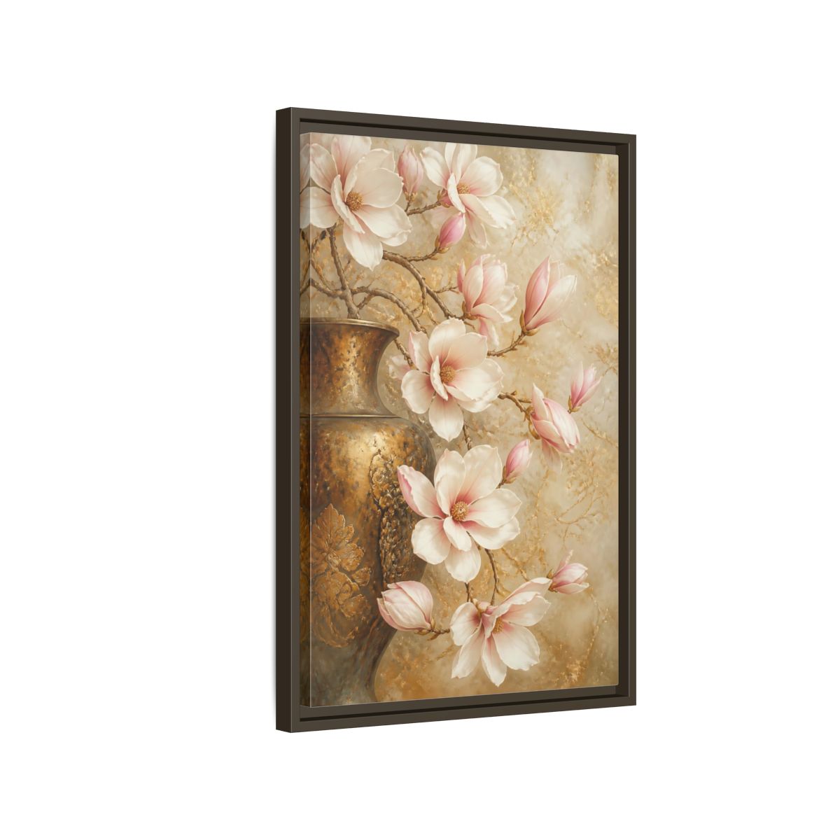 Side Mockup 2. Nature Magnolia Flowers Pink And Gold shown as stretched canvas wall art