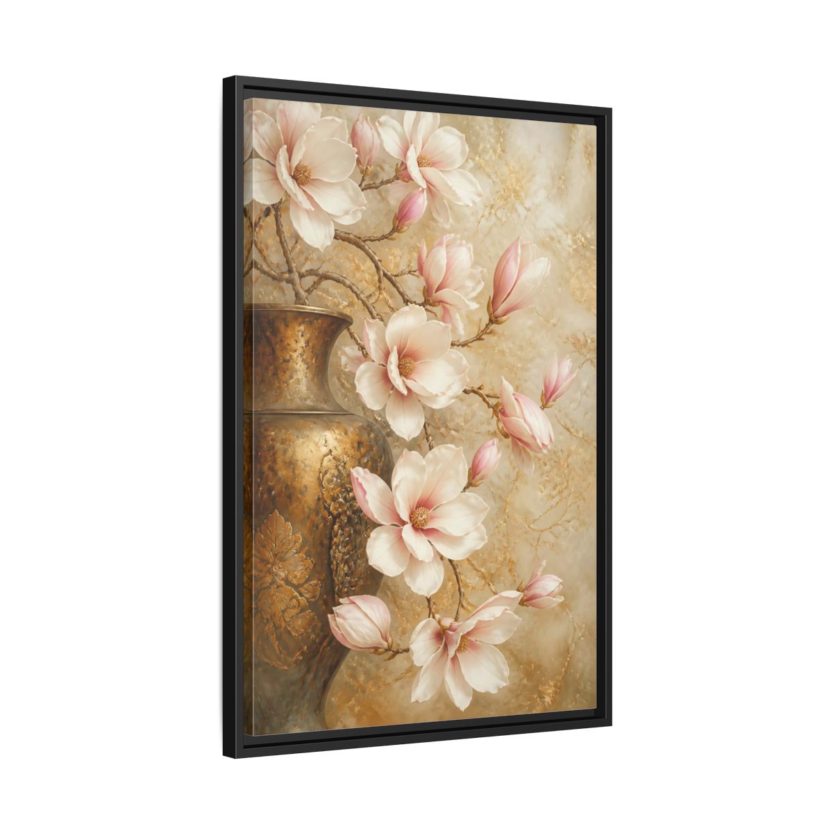Side Mockup 14. Nature Magnolia Flowers Pink And Gold shown as stretched canvas wall art