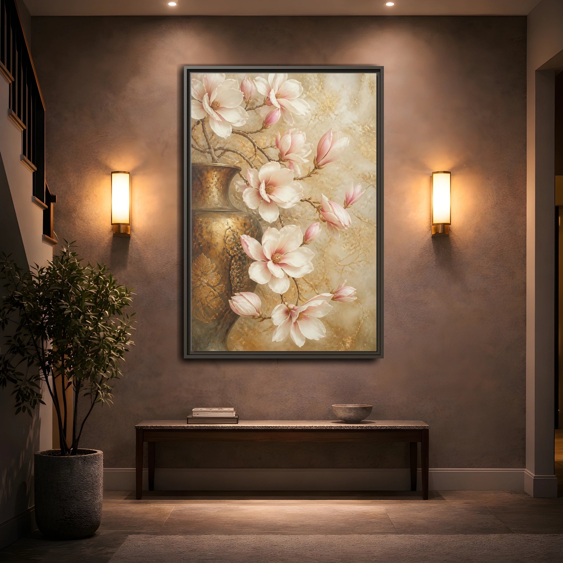 Mockup 2. Nature Magnolia Flowers Pink And Gold shown as stretched canvas wall art