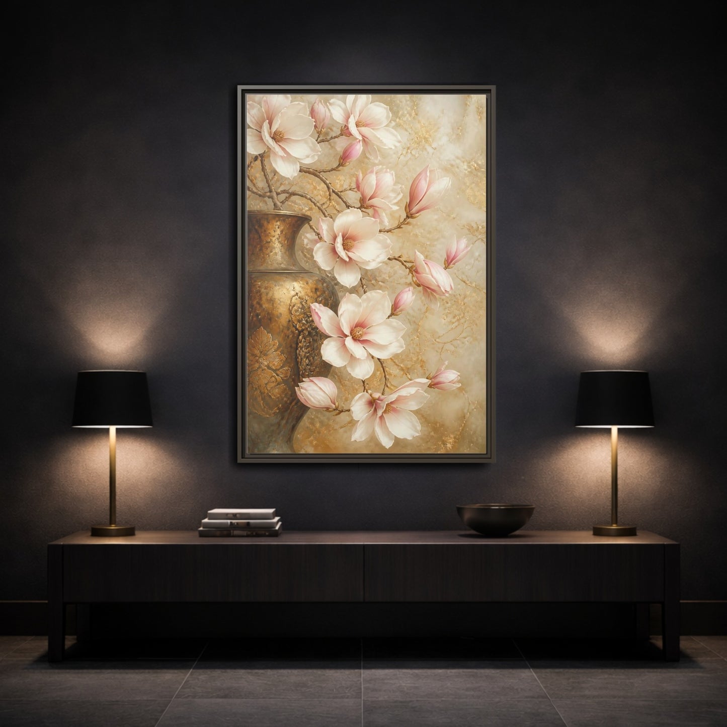 Mockup 3. Nature Magnolia Flowers Pink And Gold shown as stretched canvas wall art