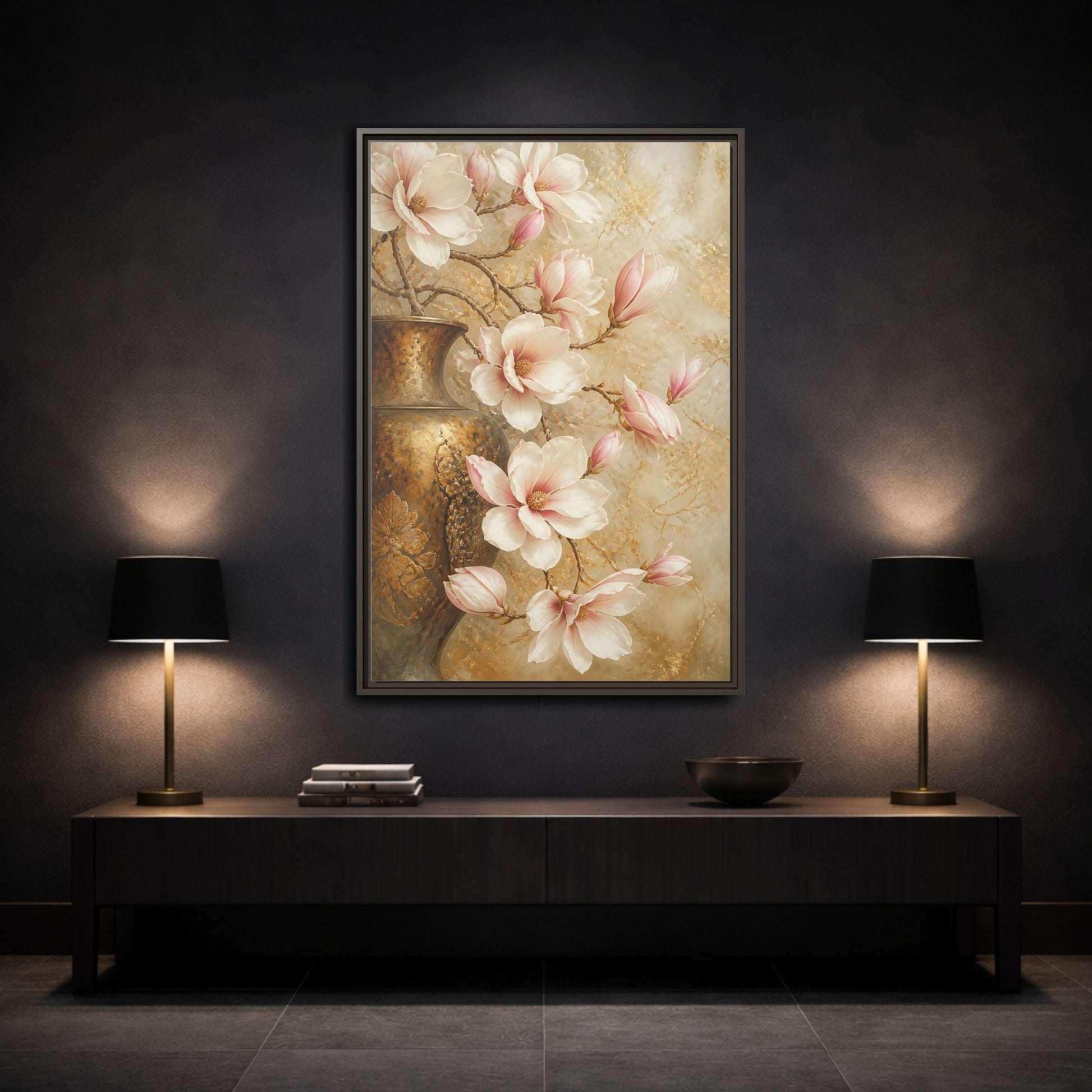 Mockup 3. Nature Magnolia Flowers Pink And Gold shown as stretched canvas wall art