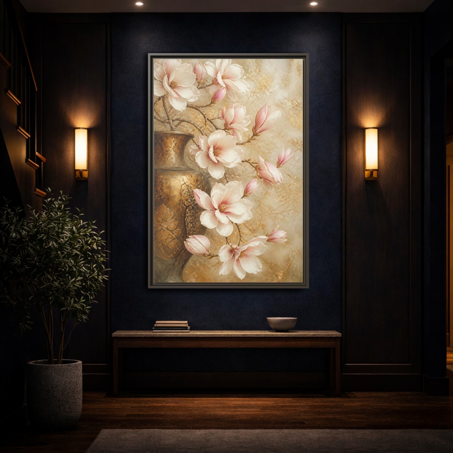 Mockup 4. Nature Magnolia Flowers Pink And Gold shown as stretched canvas wall art