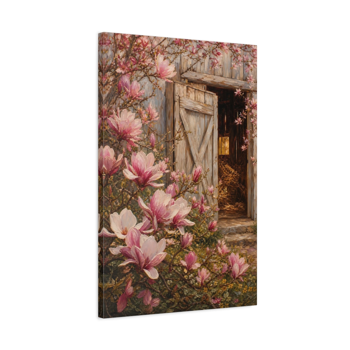 Side Mockup 2. Nature Magnolia Flowers Pink Magnolias Barn shown as stretched canvas wall art