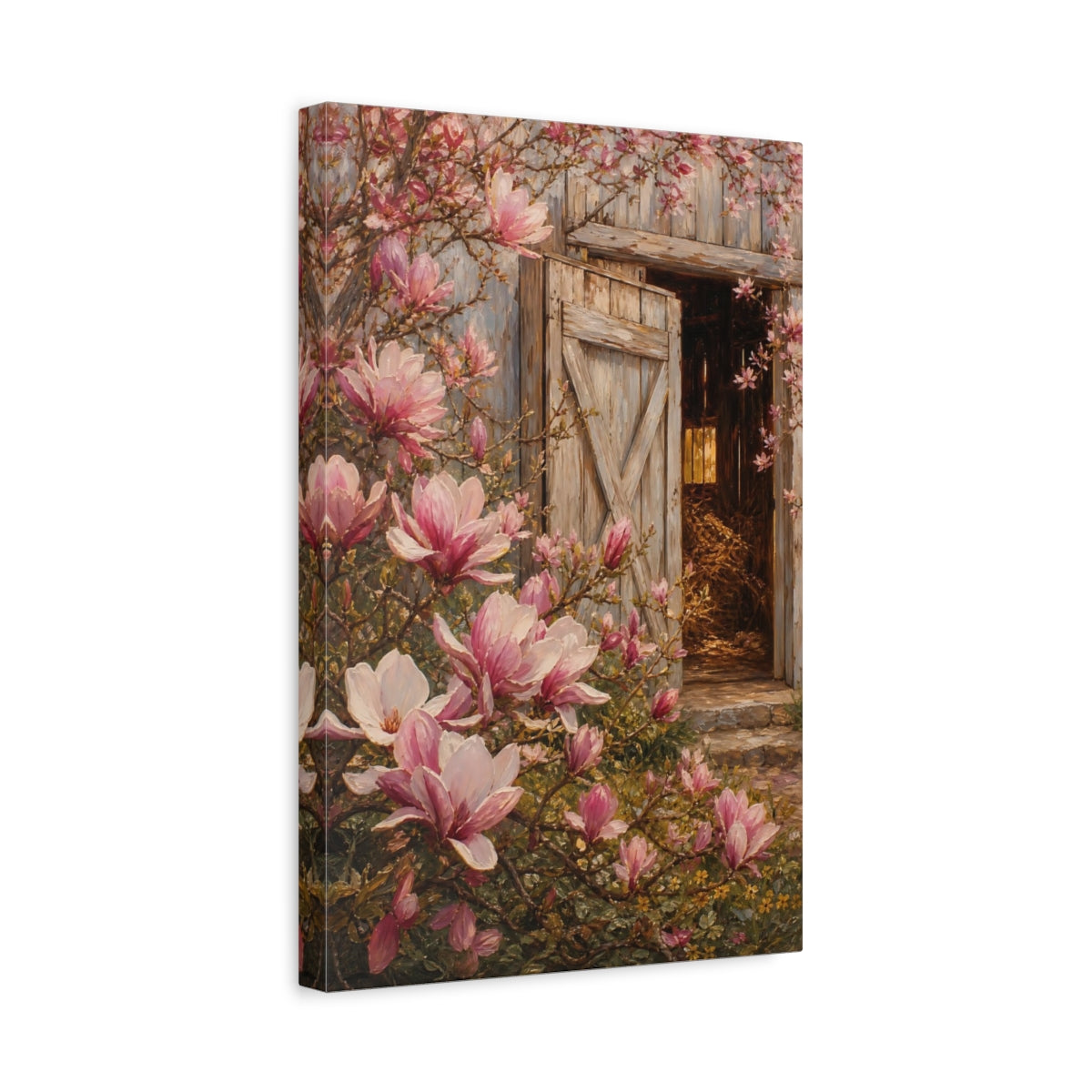 Side Mockup 4. Nature Magnolia Flowers Pink Magnolias Barn shown as stretched canvas wall art