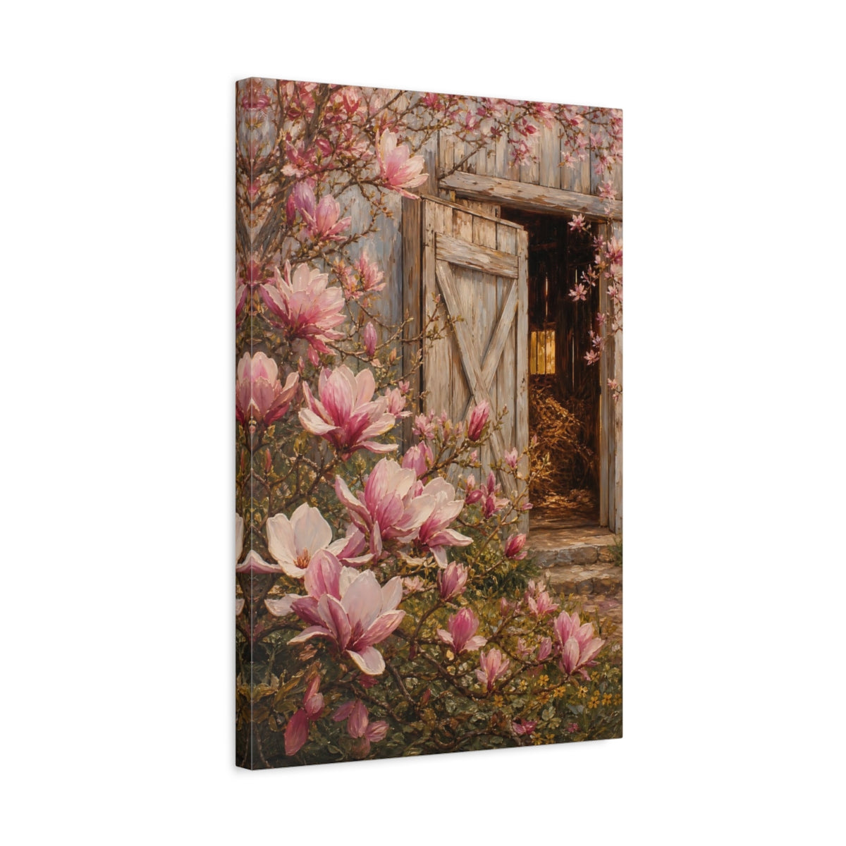 Side Mockup 3. Nature Magnolia Flowers Pink Magnolias Barn shown as stretched canvas wall art