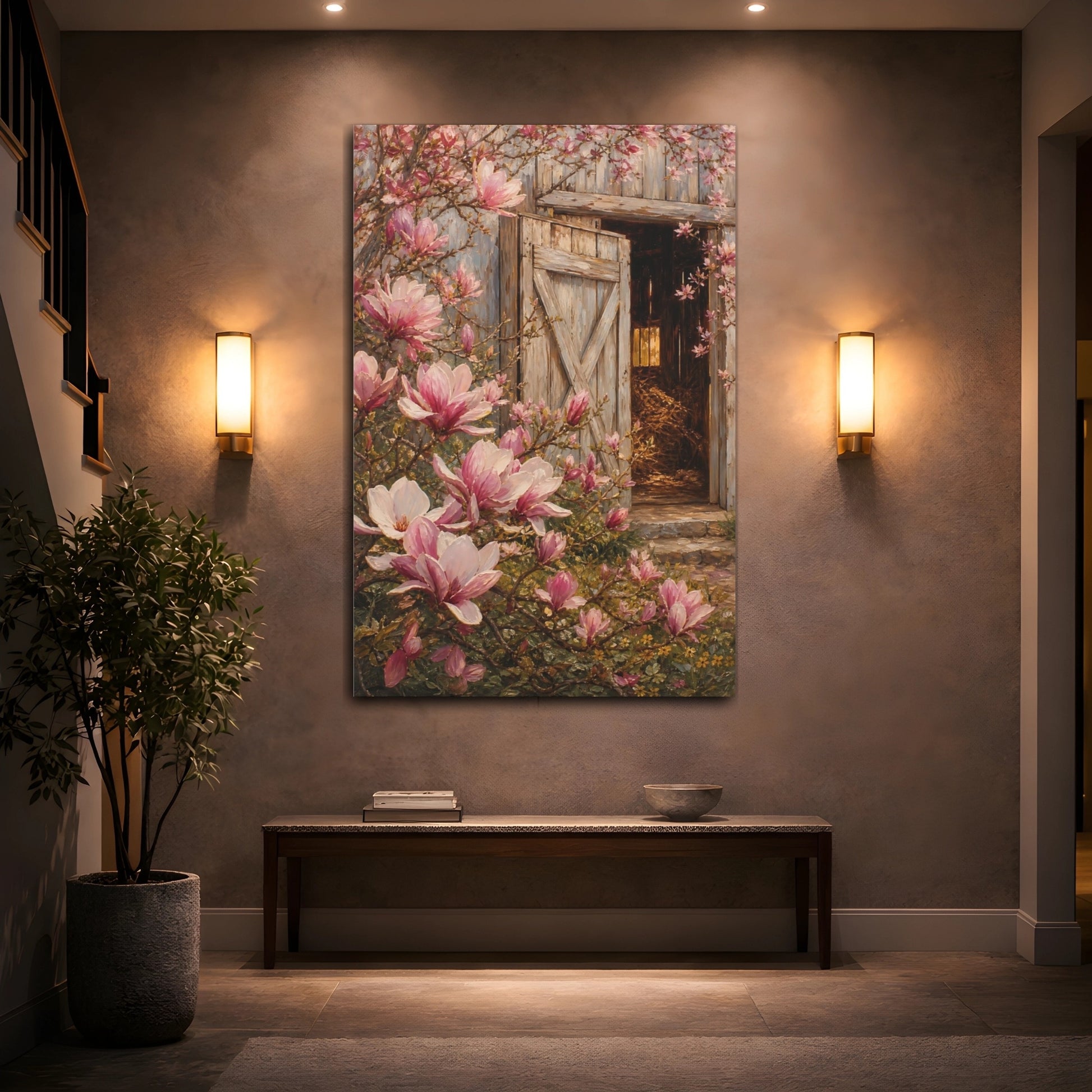 Mockup 2. Nature Magnolia Flowers Pink Magnolias Barn shown as stretched canvas wall art