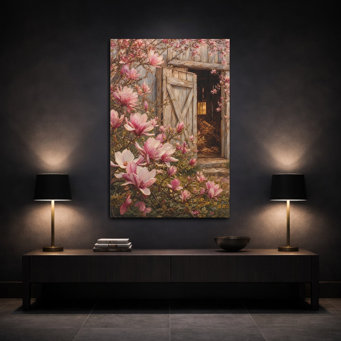 Mockup 3. Nature Magnolia Flowers Pink Magnolias Barn shown as stretched canvas wall art
