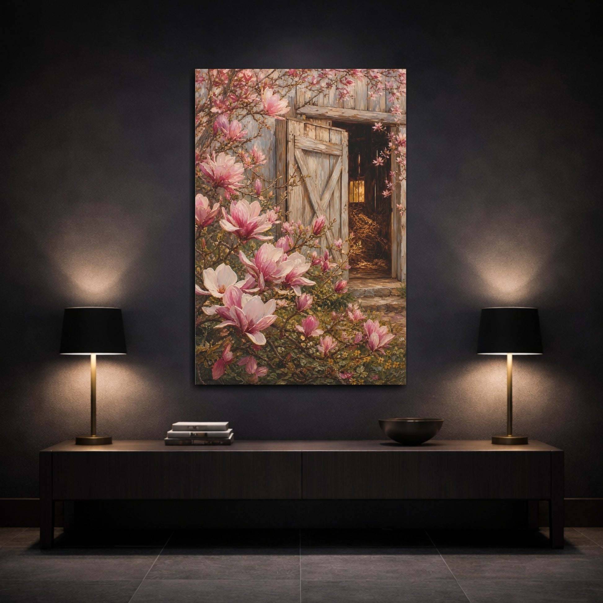 Mockup 3. Nature Magnolia Flowers Pink Magnolias Barn shown as stretched canvas wall art