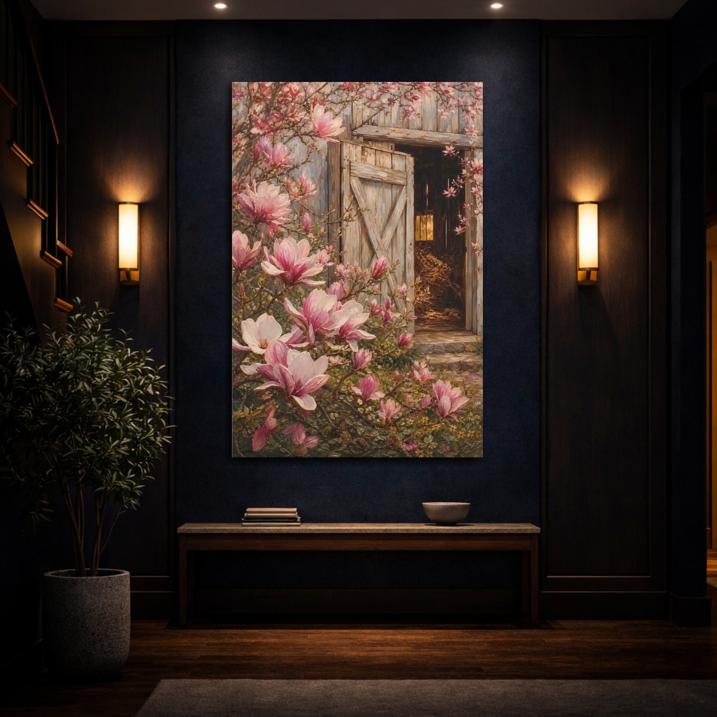 Mockup 4. Nature Magnolia Flowers Pink Magnolias Barn shown as stretched canvas wall art