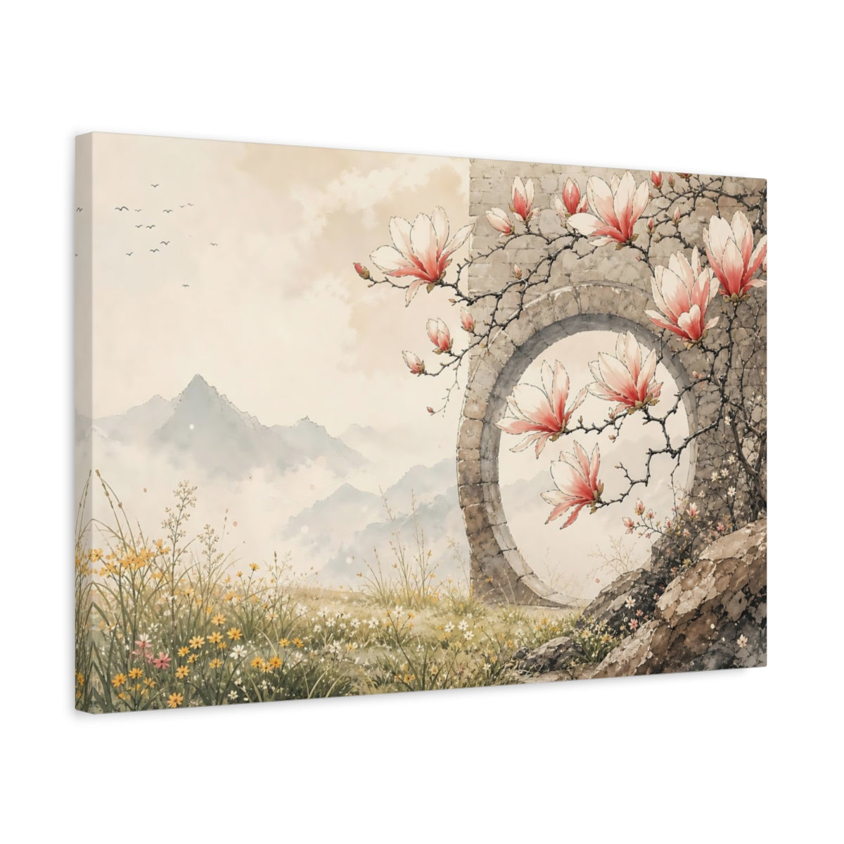 Side Mockup 3. Nature Magnolias Pink Magnolias shown as stretched canvas wall art