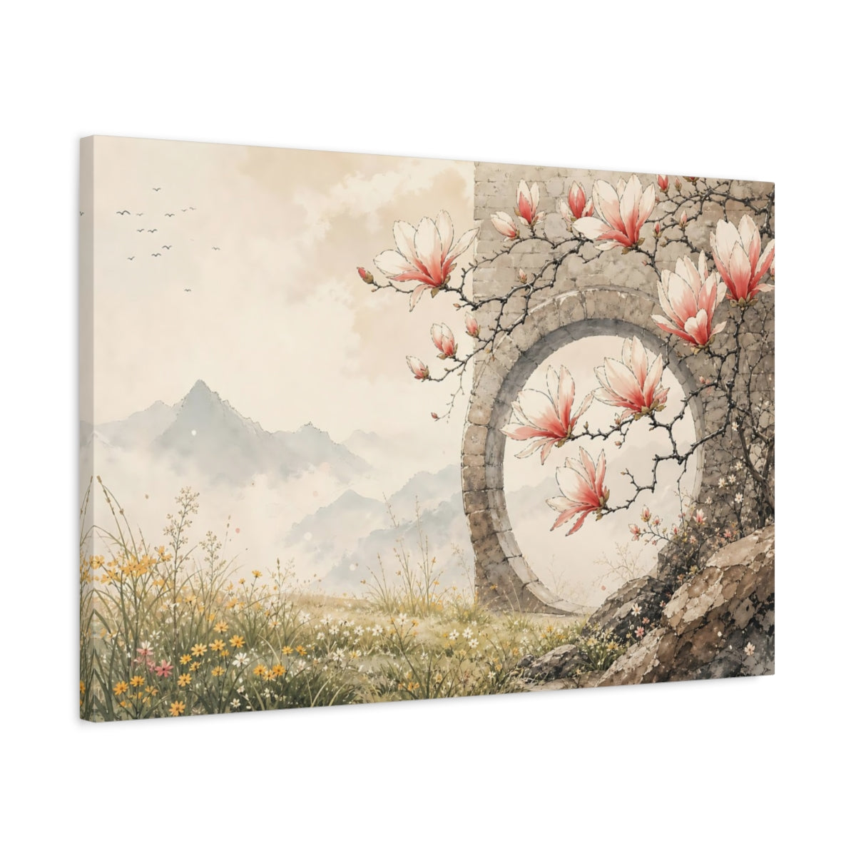 Side Mockup 2. Nature Magnolias Pink Magnolias shown as stretched canvas wall art