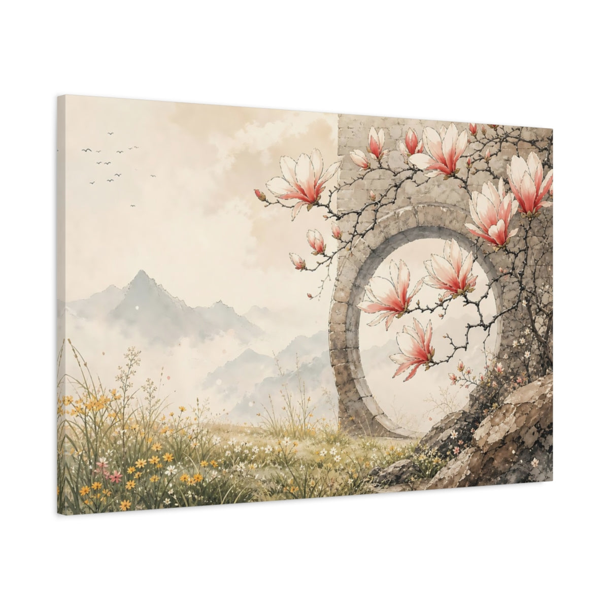 Main Mockup. Nature Magnolias Pink Magnolias shown as stretched canvas wall art