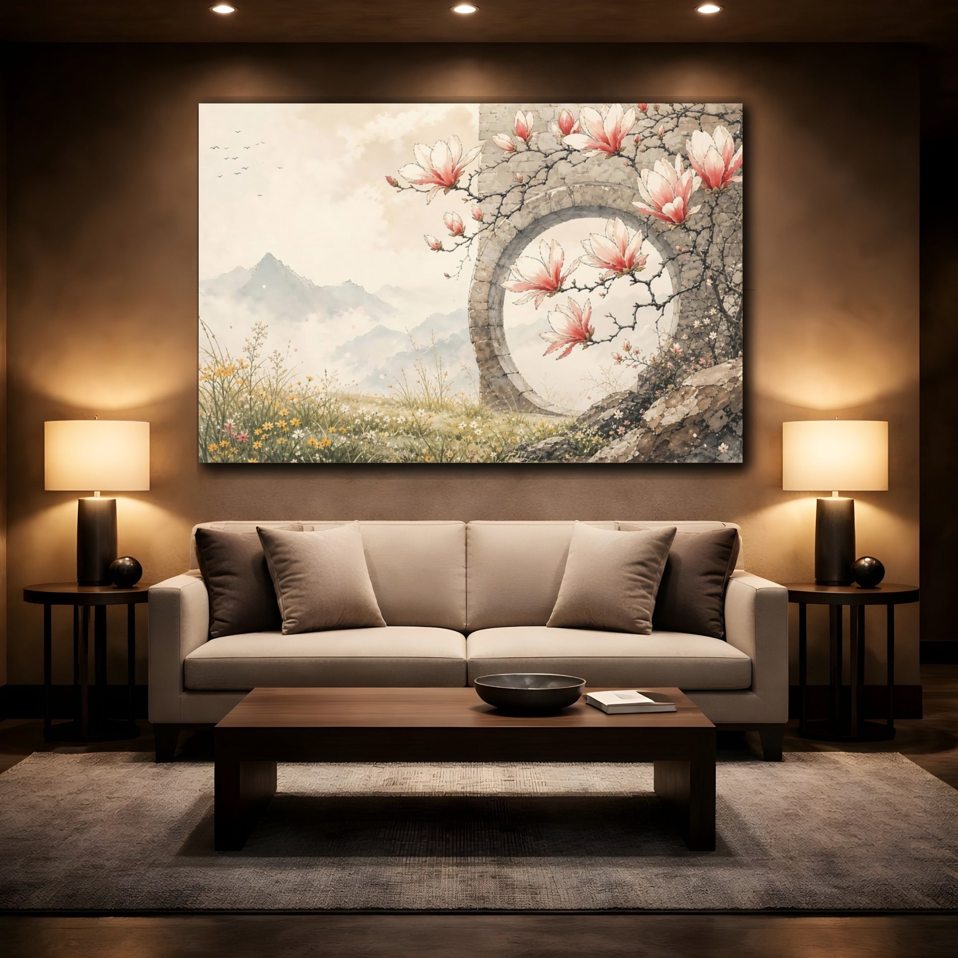 Mockup 2. Nature Magnolias Pink Magnolias shown as stretched canvas wall art