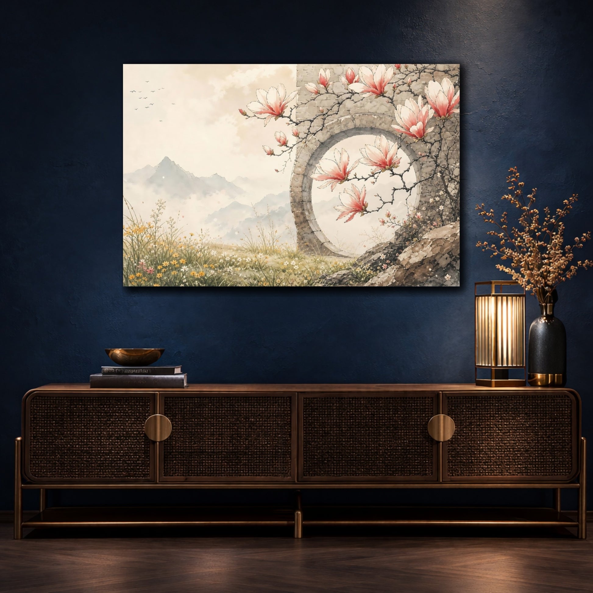 Mockup 4. Nature Magnolias Pink Magnolias shown as stretched canvas wall art