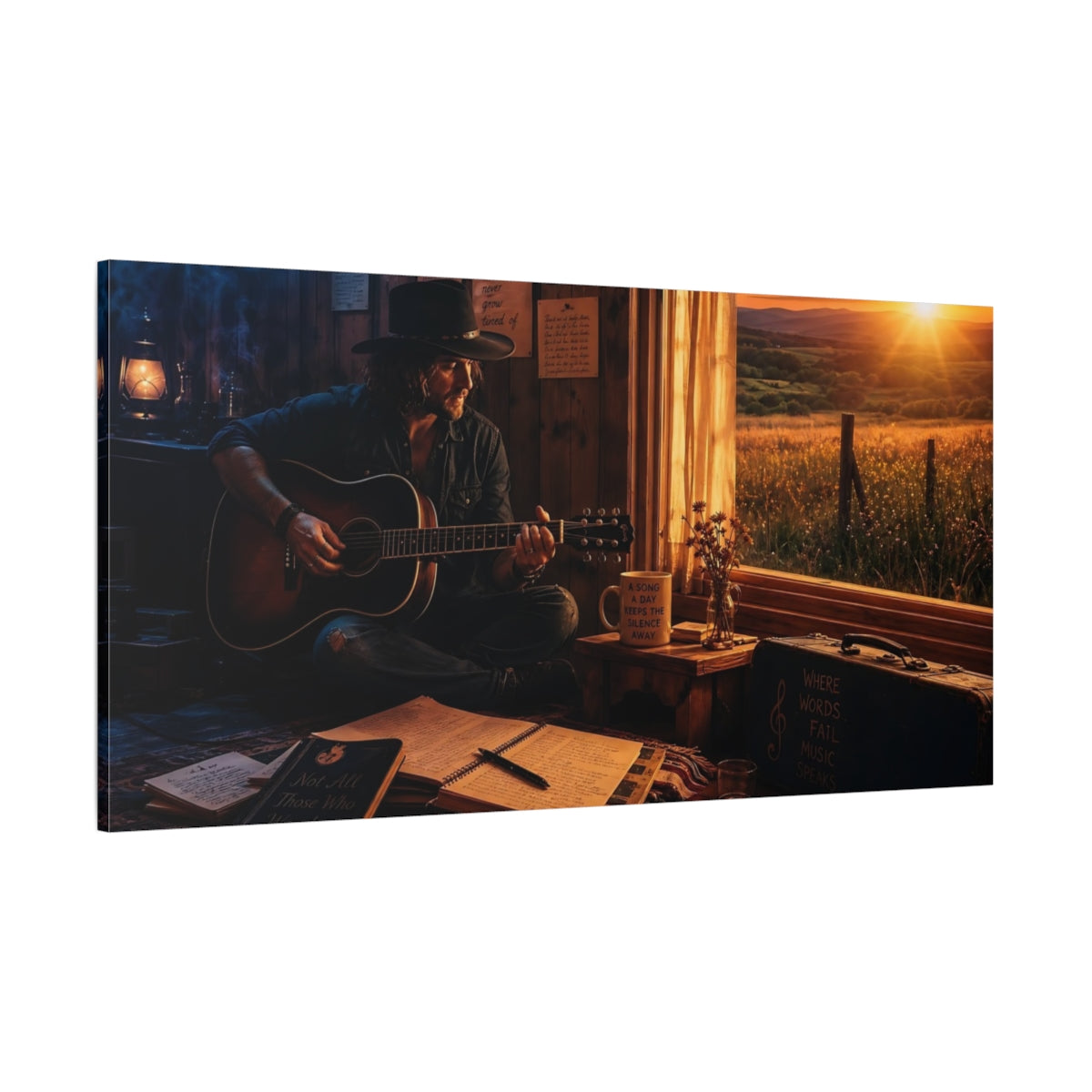 Side Mockup 2. Nature Man Playing Guitar Golden Hour Music shown as canvas print