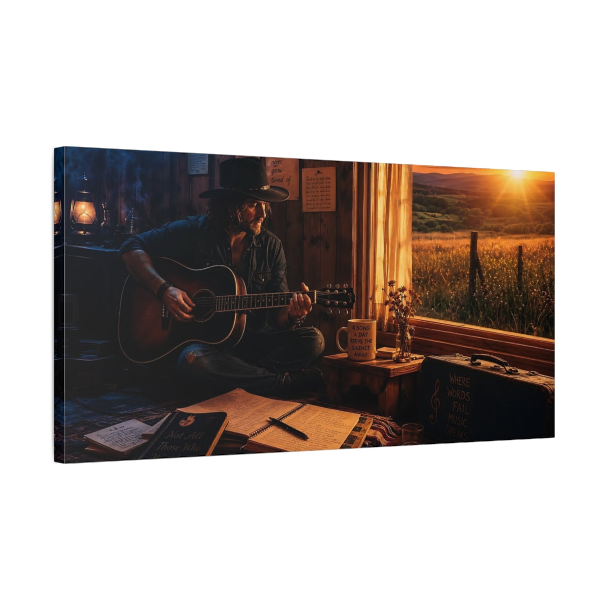 Side Mockup 1. Nature Man Playing Guitar Golden Hour Music shown as canvas print