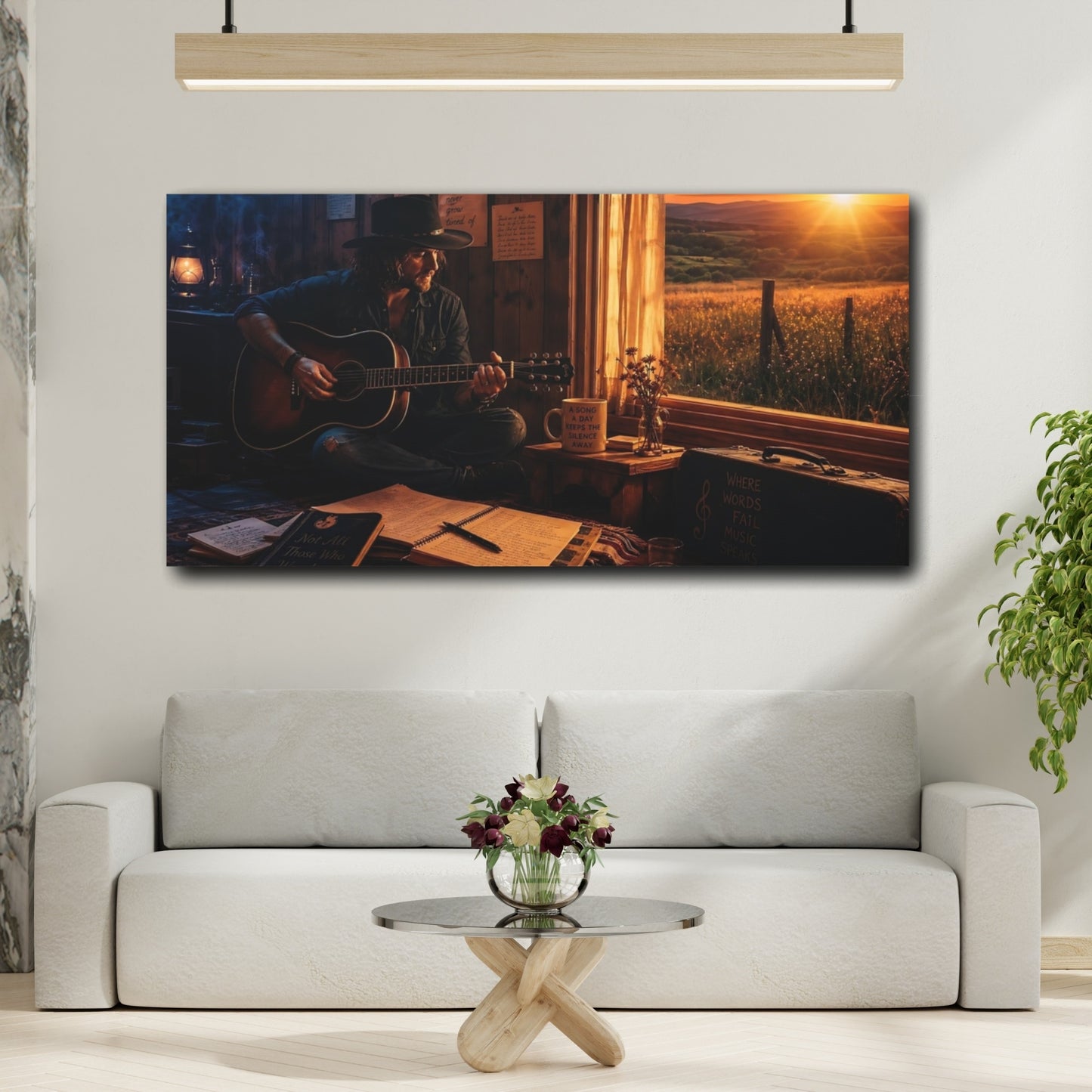 Mockup 2. Nature Man Playing Guitar Golden Hour Music shown as canvas print