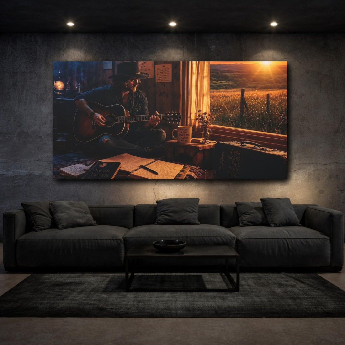 Mockup 3. Nature Man Playing Guitar Golden Hour Music shown as canvas print
