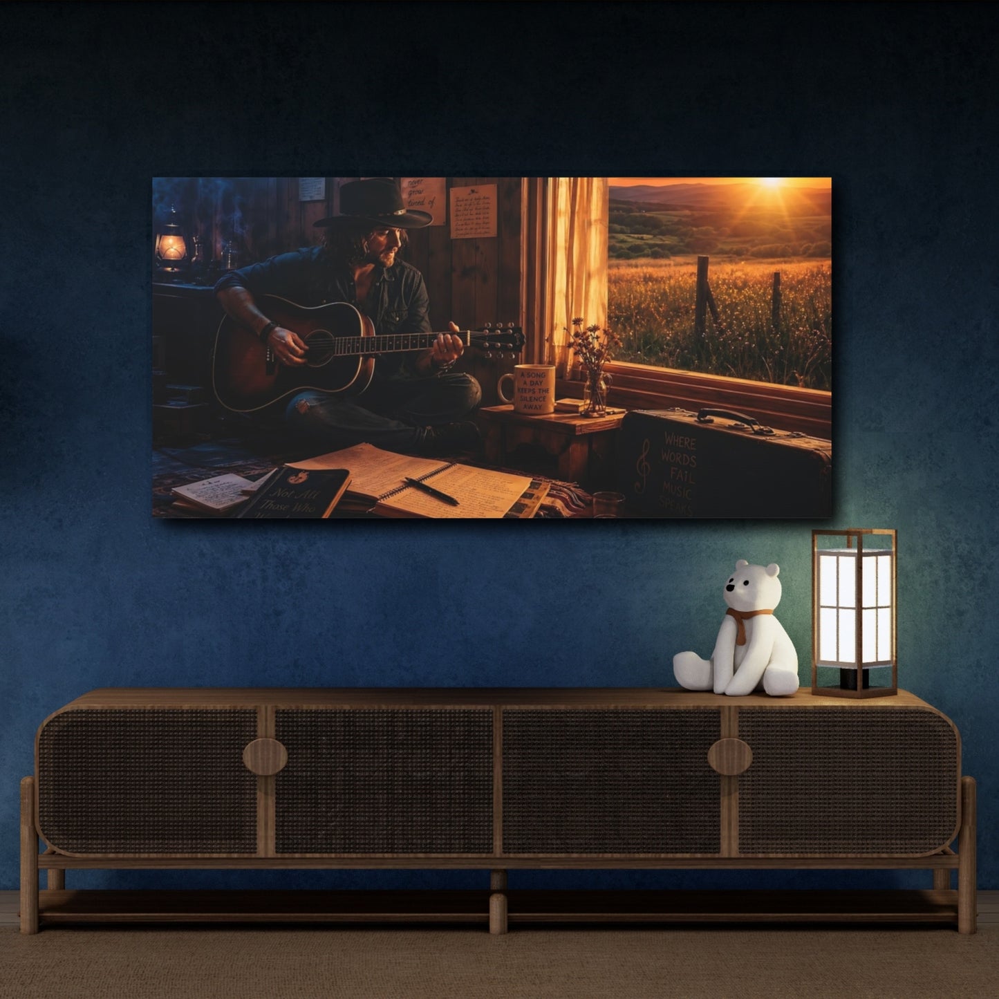 Mockup 4. Nature Man Playing Guitar Golden Hour Music shown as canvas print