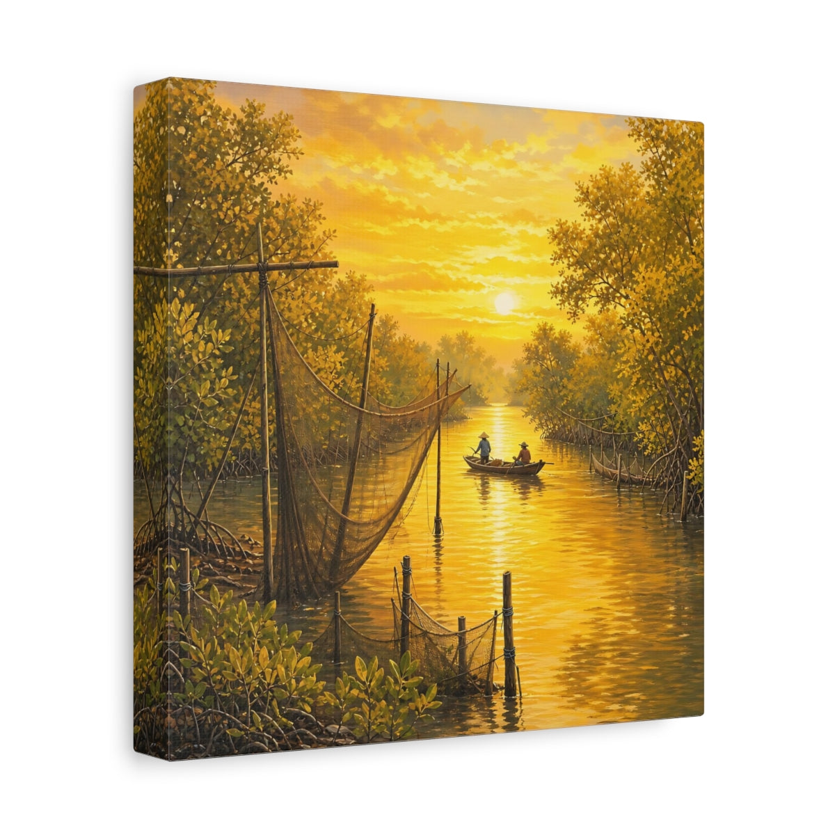 Side Mockup 9. Nature Mangrove River Golden Sunset River shown as stretched canvas wall art