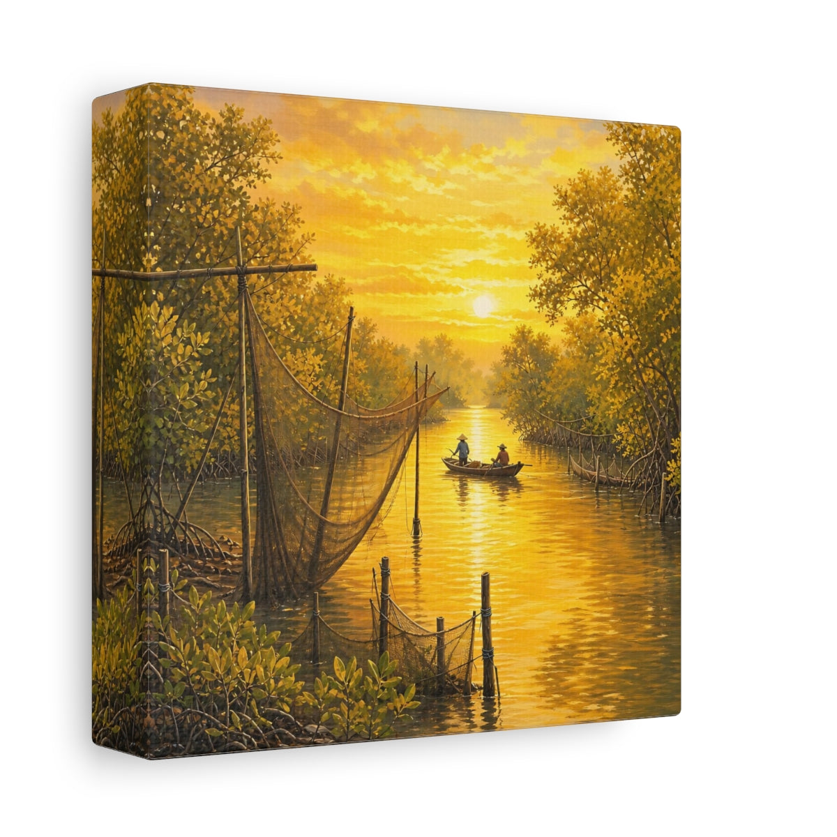 Side Mockup 2. Nature Mangrove River Golden Sunset River shown as stretched canvas wall art