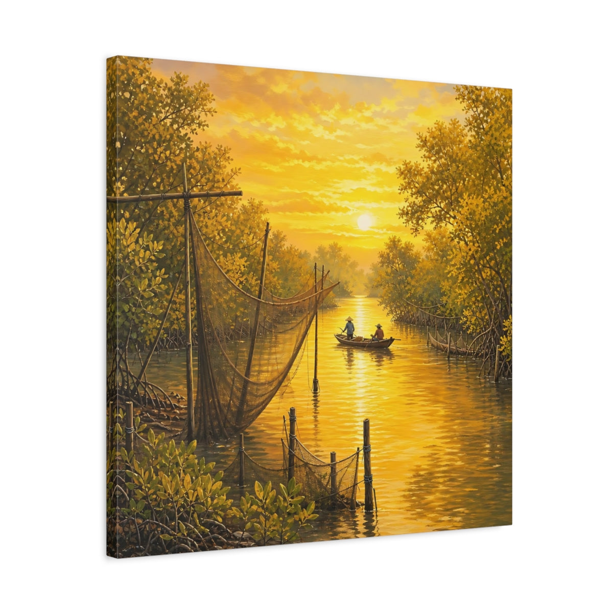 Side Mockup 4. Nature Mangrove River Golden Sunset River shown as stretched canvas wall art