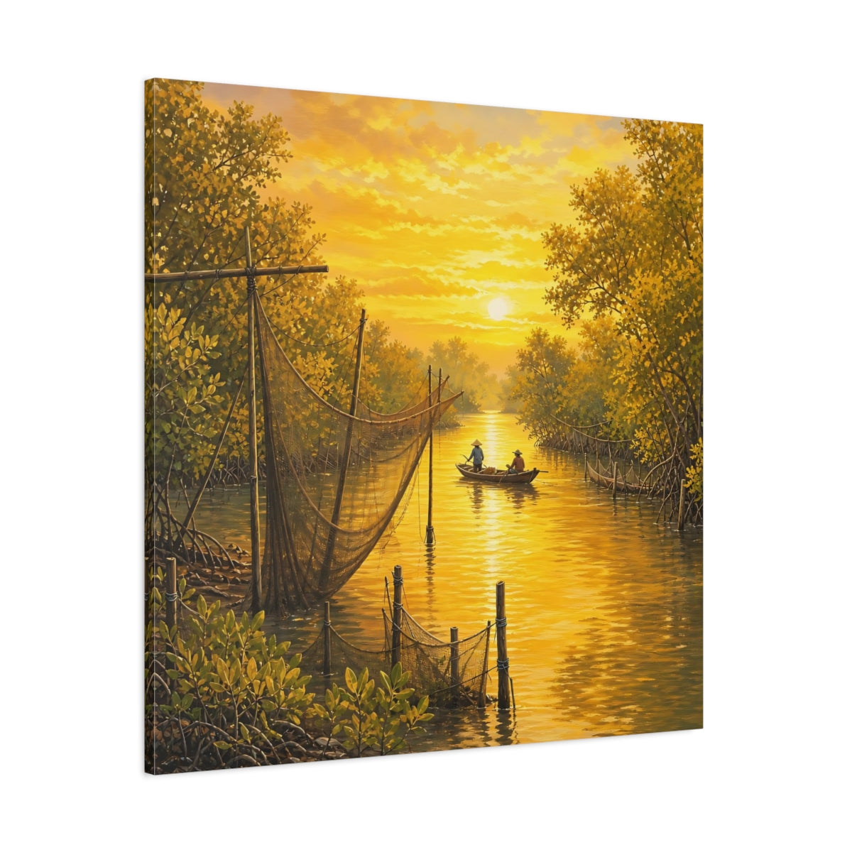 Side Mockup 1. Nature Mangrove River Golden Sunset River shown as stretched canvas wall art