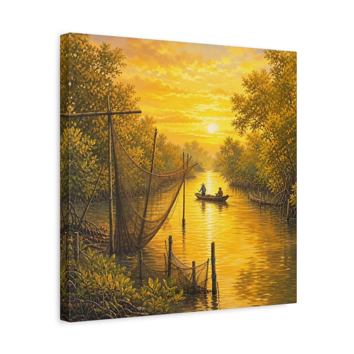 Side Mockup 6. Nature Mangrove River Golden Sunset River shown as stretched canvas wall art
