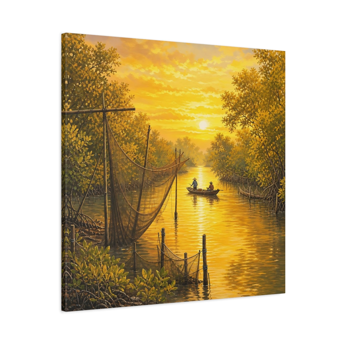 Main Mockup. Nature Mangrove River Golden Sunset River shown as stretched canvas wall art