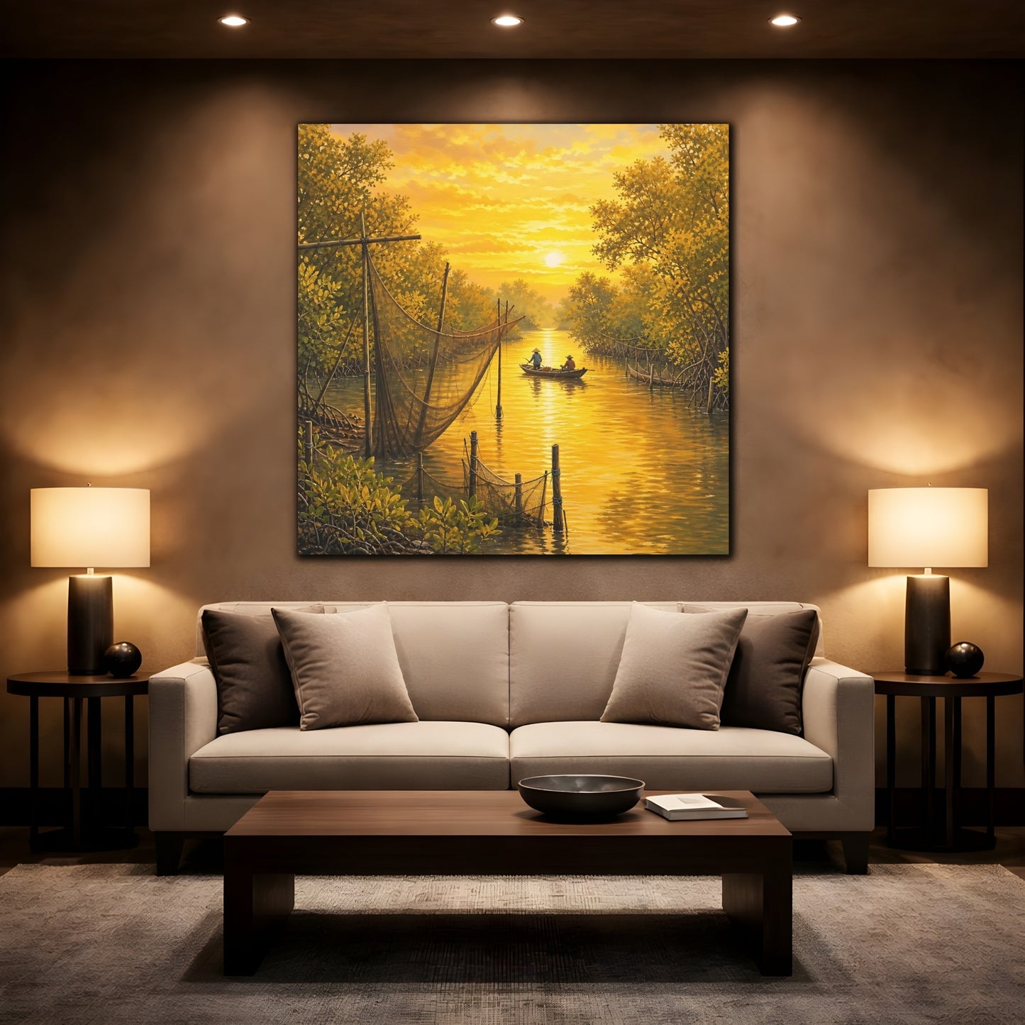 Mockup 2. Nature Mangrove River Golden Sunset River shown as stretched canvas wall art