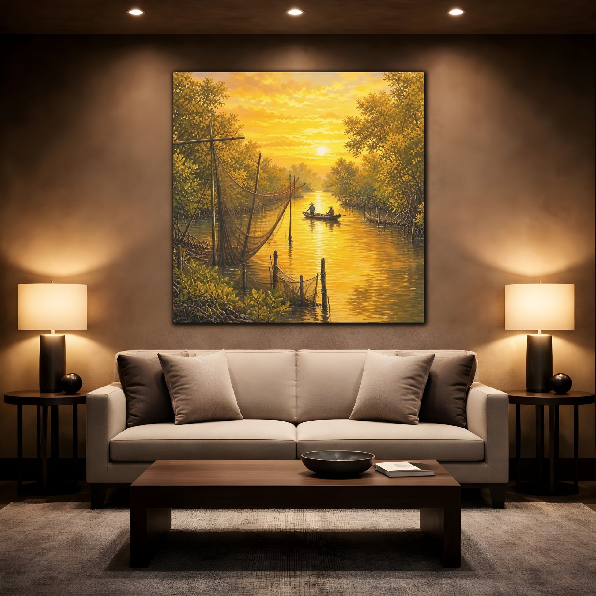 Mockup 2. Nature Mangrove River Golden Sunset River shown as stretched canvas wall art