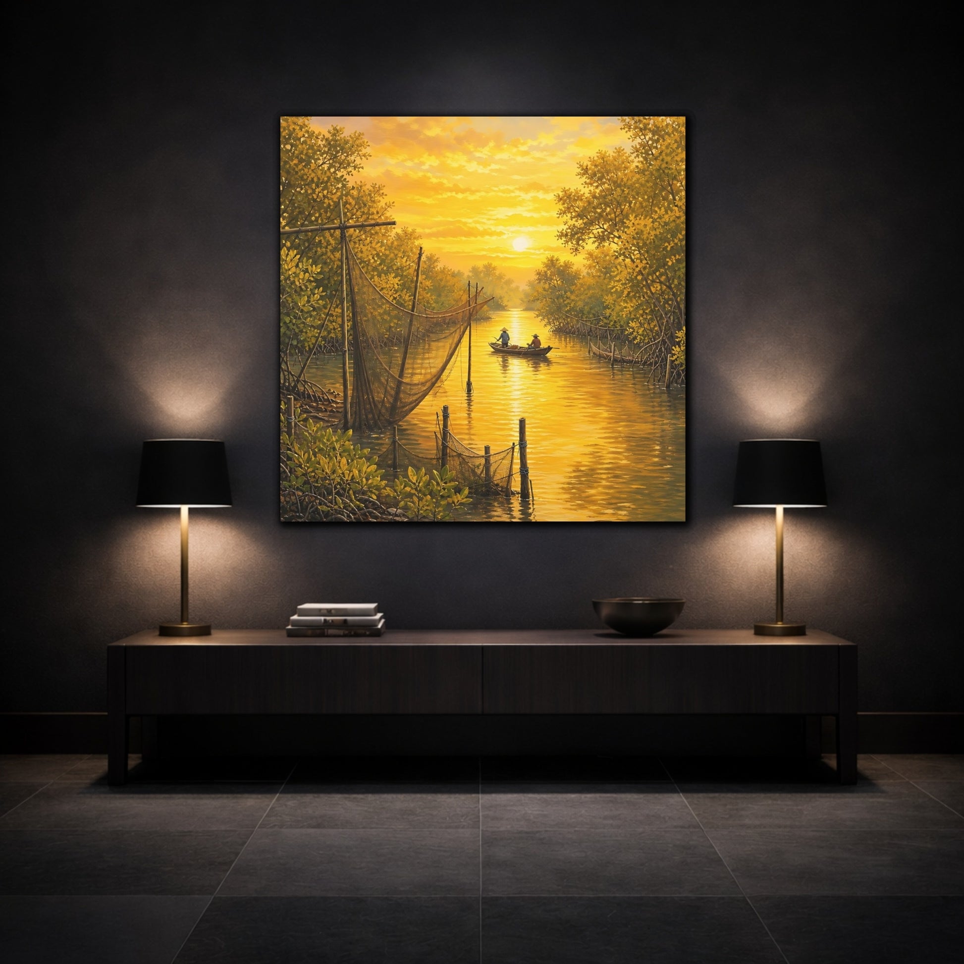 Mockup 3. Nature Mangrove River Golden Sunset River shown as stretched canvas wall art