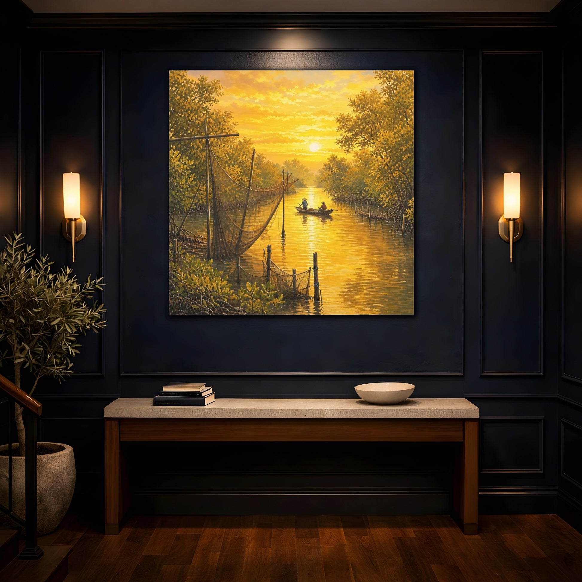 Mockup 4. Nature Mangrove River Golden Sunset River shown as stretched canvas wall art