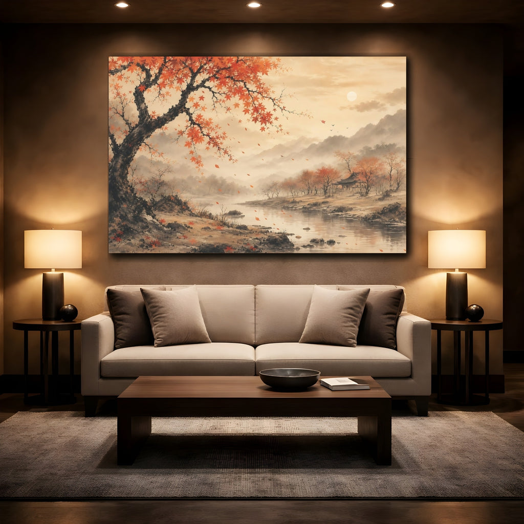 Mockup 2. Nature Maple Tree Orange Autumn Landscape shown as stretched canvas wall art