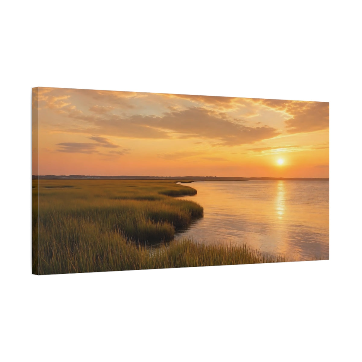Side Mockup 1. Nature Marsh Sunset Golden Marshland shown as stretched canvas wall art