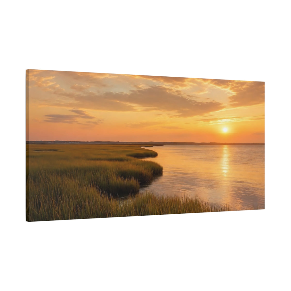 Side Mockup 2. Nature Marsh Sunset Golden Marshland shown as stretched canvas wall art
