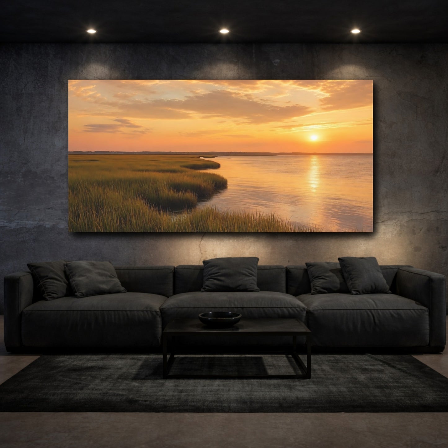 Mockup 3. Nature Marsh Sunset Golden Marshland shown as stretched canvas wall art
