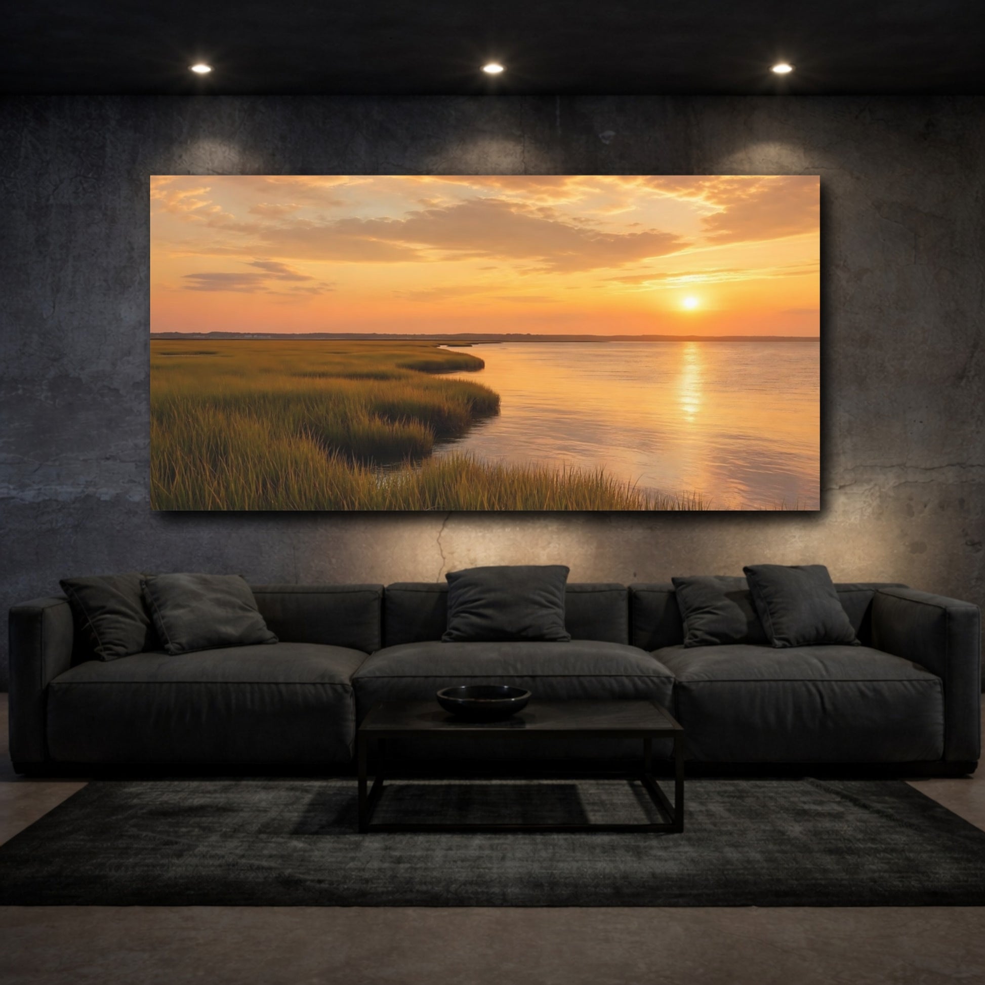 Mockup 3. Nature Marsh Sunset Golden Marshland shown as stretched canvas wall art